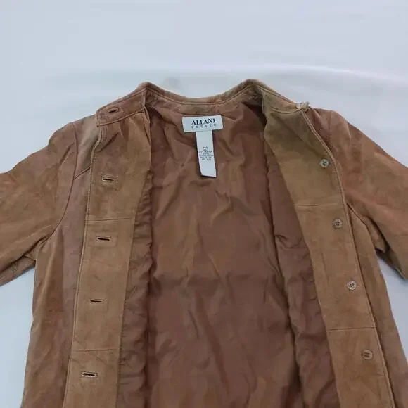 Alfani Petite Women's Brown Full Button Leather Jacket Pockets Size P - Picture 9 of 16